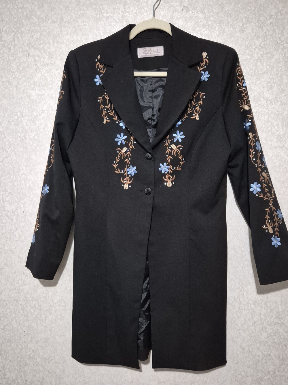 Black Floral-Embroidered Long Women's Blazer-Size:6